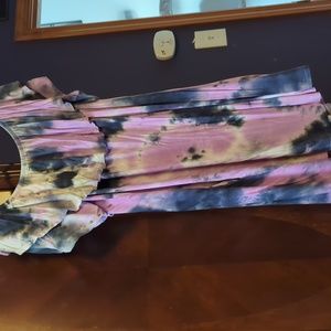 Purple tie dye off the shoulder dress with pockets.